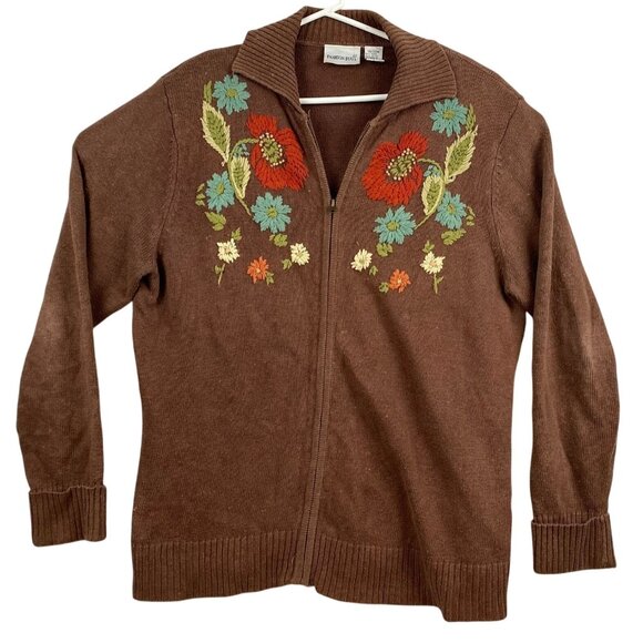 Fashion Bug Womans Cardigan Sweater 18/20W Zip up in Brown with Embroidered Flor - Picture 1 of 10
